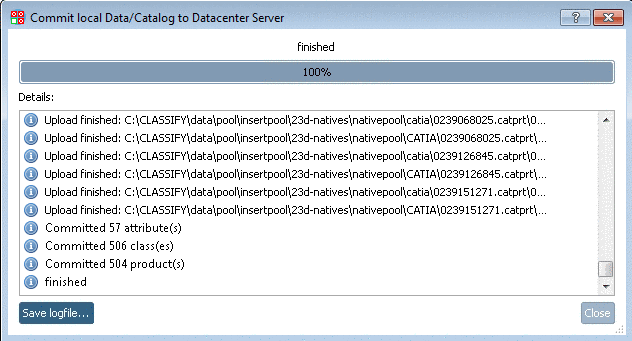 Once the process has finished "finished" is displayed in the log.