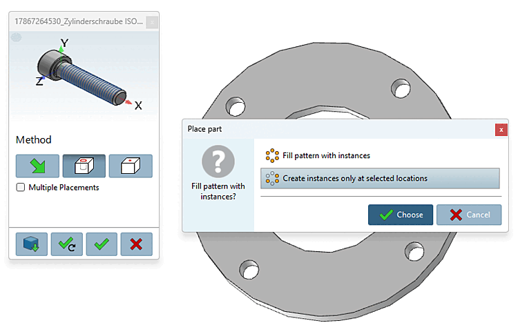 Posizionare il componente [Place part]: Si vuole riempire il modello con le istanze? [Fill pattern with instances?]