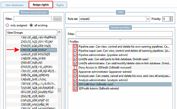 Pagina della scheda "Assegnazione dei diritti [Assign rights]"(tutti disponibili [all existing] )