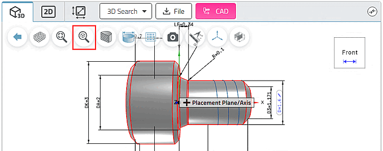 Zoom sull'oggetto [Zoom in on object]: parte individuale selezionata con le dimensioni