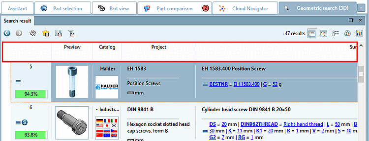 Caratteristica speciale: in una ricerca geometrica, la somiglianza con il pezzo di riferimento viene visualizzata in colore e con valori percentuali.