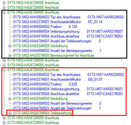 Esempio tipico di accessori in eClass Advanced: il primo collegamento contrassegnato (nero) non ha accessori potenziali. Questo è in contrasto con il secondo collegamento (rosso), i cui accessori sono definiti nella "Sottocartella AAQ675"[Relazione parte ].