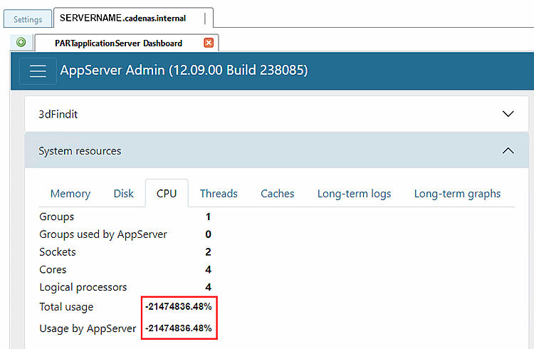 Le voci "Utilizzo totale" e "Utilizzo per AppServer" non mostrano i valori reali.