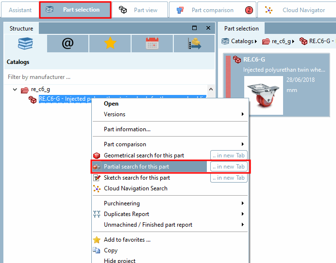 Esempio: "Ricerca parziale di questo pezzo [Partial search for this part]" nella pagina della scheda "Cataloghi [Catalogs]".