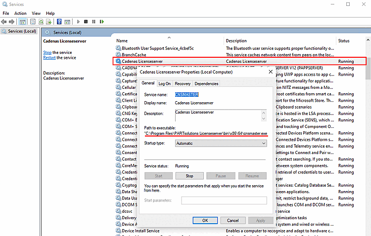In Windows -> Servizi -> Server di licenza CADENAS -> menu contestuale "Proprietà" è possibile visualizzare il percorso di installazione del server di licenza.