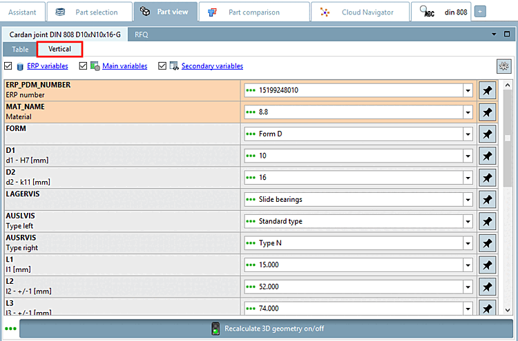 Vista del pezzo [Part view] con modalità "Verticale [Vertical]
