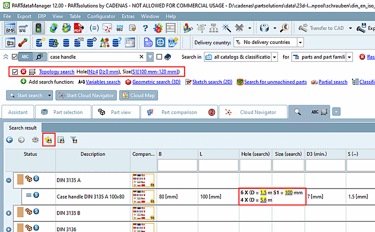 Ricerca topologica [Topology search] con "Dimensioni [Size]" e "Fori [Boreholes]".