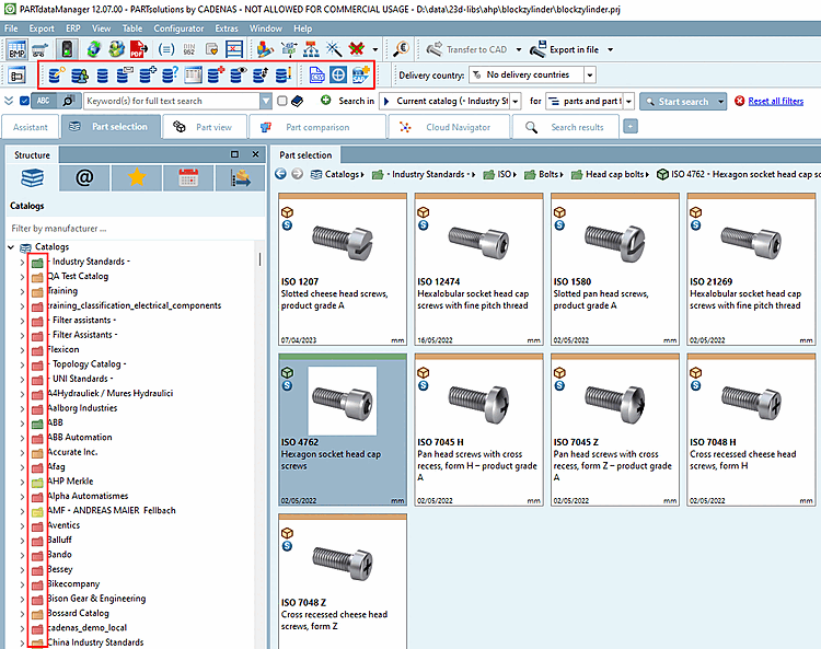 PARTdataManager - Selezione delle parti con barra degli strumenti ERP e directory colorate