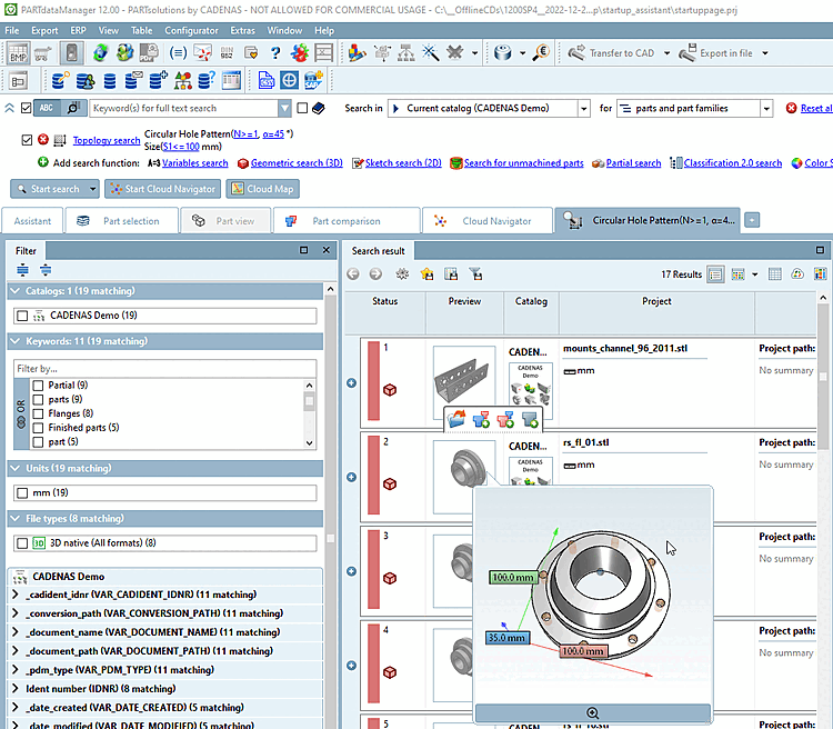 Le caratteristiche topologiche ricercate sono evidenziate a colori nell'anteprima 3D.