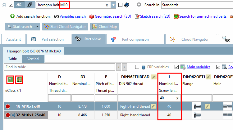 La tabella mostra solo i pezzi con un diametro della filettatura di 10 e una lunghezza nominale di 40.