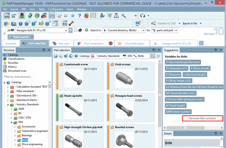 Docking window "Suggestions" -> Variables for "Bolts" -> Button "Generate filter assistant"Suggestionsdocking window