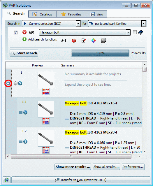 When you click on the plus sign, the part family opens and you can see the contained parts.