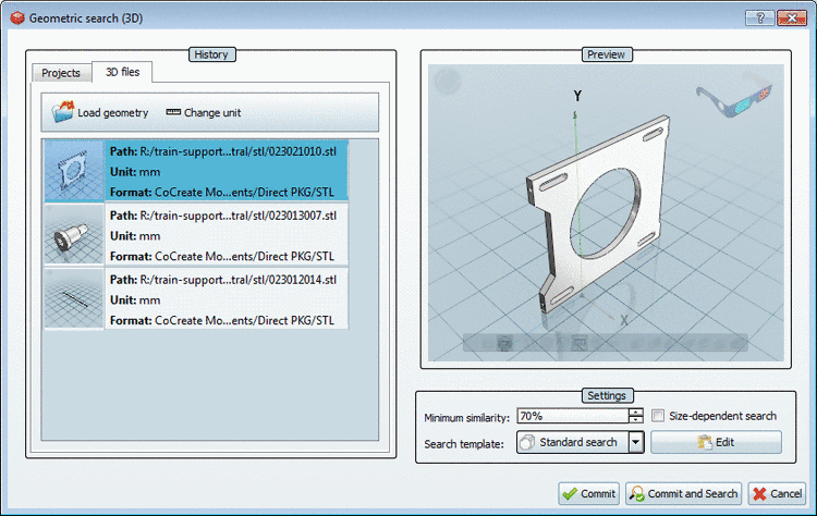 Geometric search (3D) with 3D preview