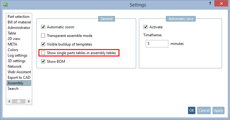 Show single parts tables in assembly tables