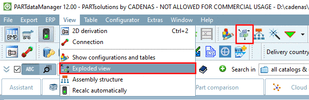 Exploded view in "View" menu and "Assembly" toolbar