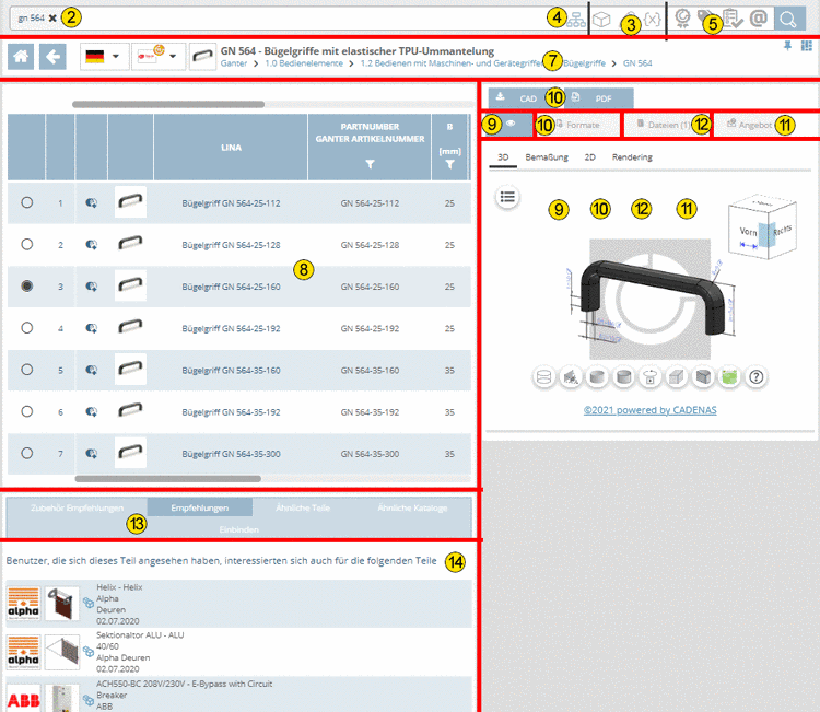 User interface once having specified a certain part