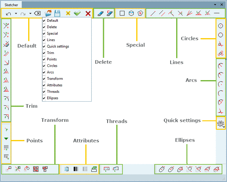Depiction of the functions with setting option "Group tools" disabled