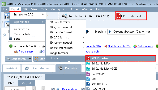 Export PDF datasheet in PARTdataManager