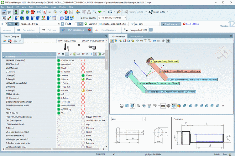 Parts can directly be transferred into the part comparison from the search results.