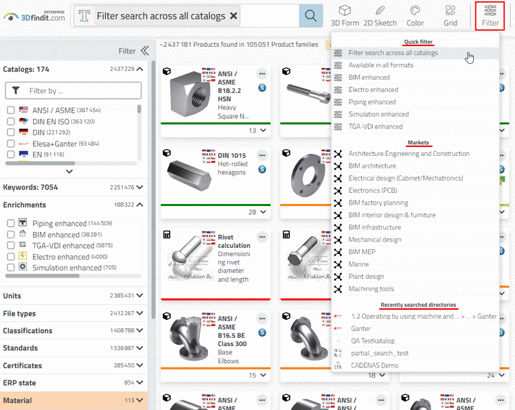 The figure exemplarily shows the results for "Filter search across all catalogs".When using the option "Filter search across all catalogs" the results during the first loading are completely unspecific, however, depend on the setting under $CADENAS_SETUP/partsol.cfg > FULLTEXTSEARCH > SimilarityFactor. By default, the Standards catalog is prioritized.