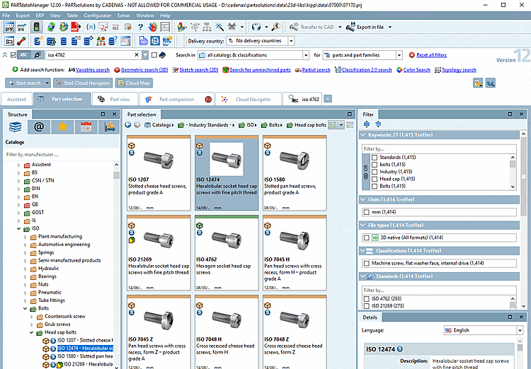 PARTdataManager with "Parts selection [Part selection] " tab page