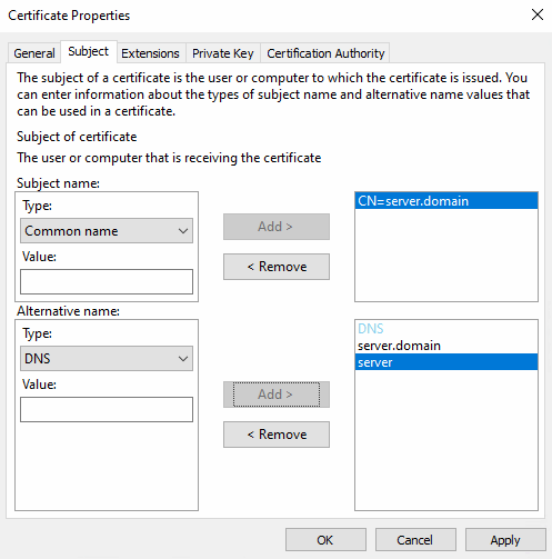 Certificate Properties > Subject