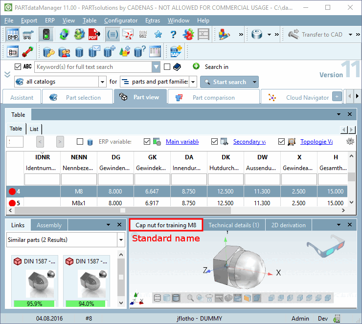Standard designation in PARTdataManager, in the "3D view [3D view] " tab of the docking window