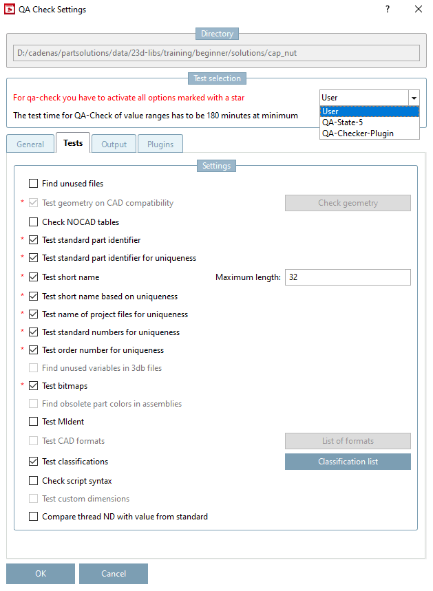 QA Check settings [QA Check Settings] - "Tests [Tests] " tab page