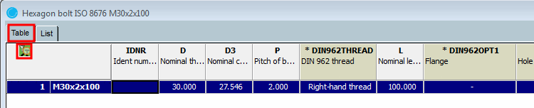 Part view in "Table [Table] " mode