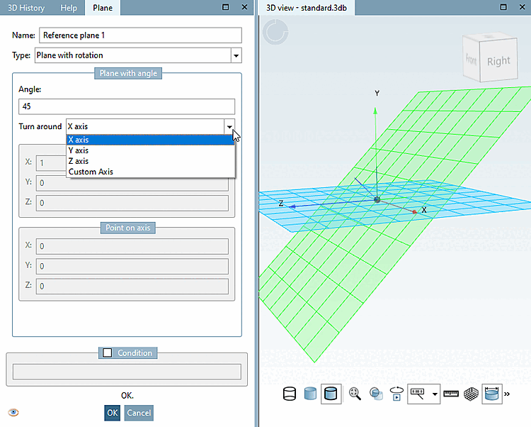The figure shows how the basic plane ZX will be rotated with 45° around the X axis.