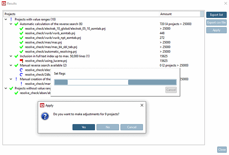 In this example,"Apply [Apply] " would affect 9 projects (6+1+2).