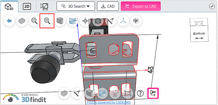 Zoom to object [Zoom in on object]: Assembly with selected individual part with dimensions