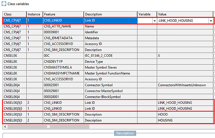 Example: The same named value "LINK_HOOD_HOUSING" links CNS_CP|4|7 and CNSELEK|5|3