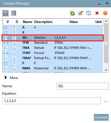PARTdesigner: In the original, the variable "SEL" has the values 1 to 5