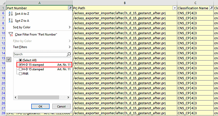 "Part Number" filter