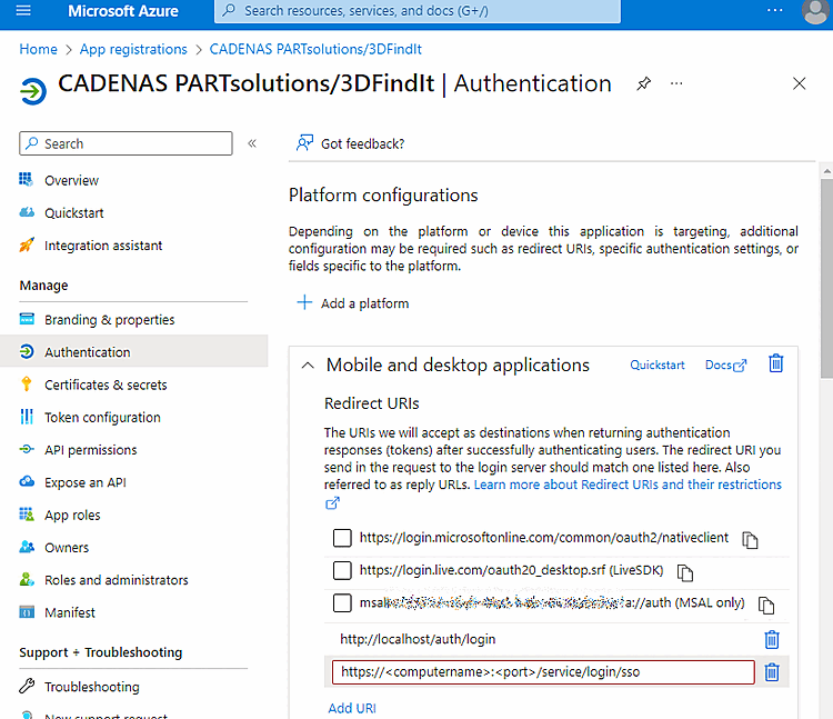 Microsoft Azure "Authentication" -> "Mobile and desktop applications"
