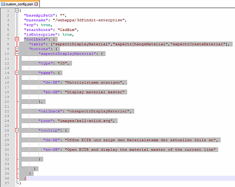 Display of the "DisplayMaterial", "ChangeMaterial" and "CreateMaterial" buttons in the table