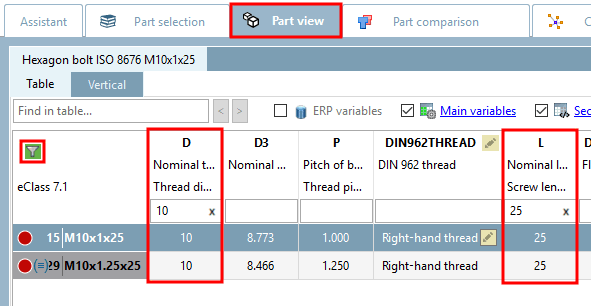 Filter table in part view