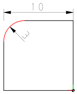 Example in 2D: Fillet with a diameter of 3 and an edge length of 10.