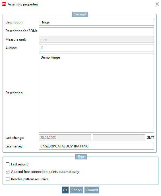 Properties [Assembly properties] dialog box of the assembly [Assembly properties]