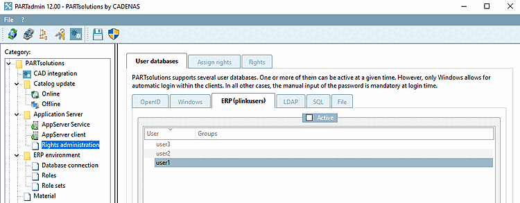 Exemplary user database "ERP(plinkusers)" deactivated