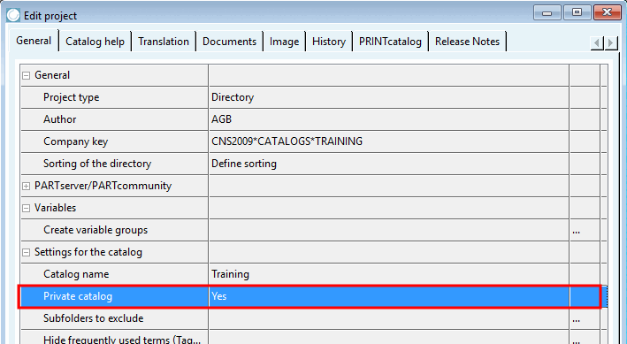 General tab -> Catalog settings [Settings for the catalog] -> Private catalog