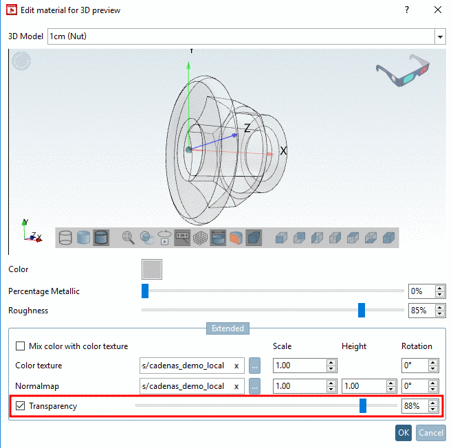 Edit material for 3D preview -> Transparency