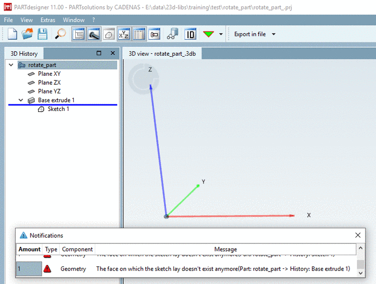 Example: Error message after deletion of automatically created plane