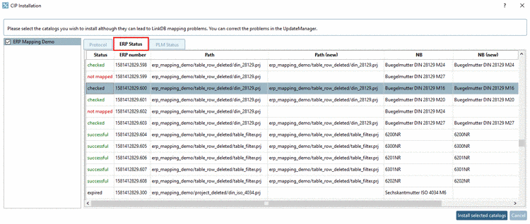Dialog box "CIP Installation" -> tabbed page "ERP Status"
