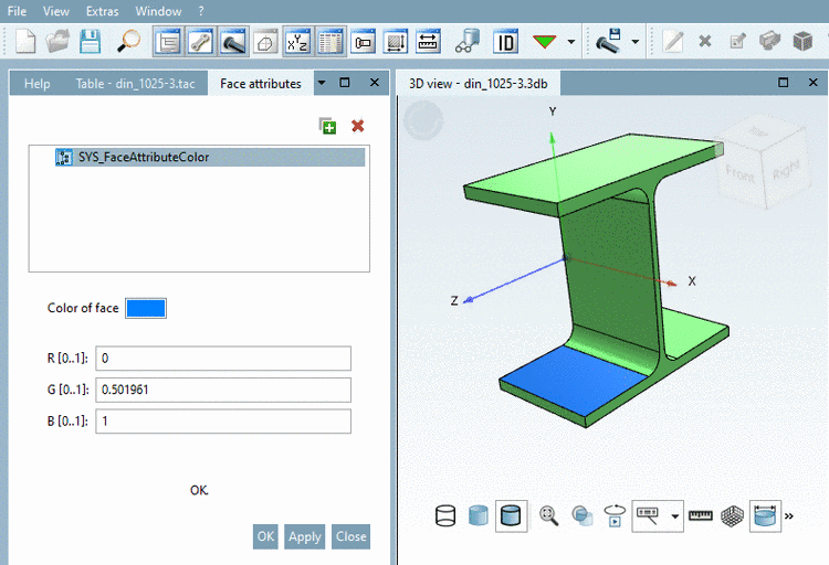 Entire part colored in green (PARTproject), single face colored in addition in blue (PARTdesigner -> Face attributes)