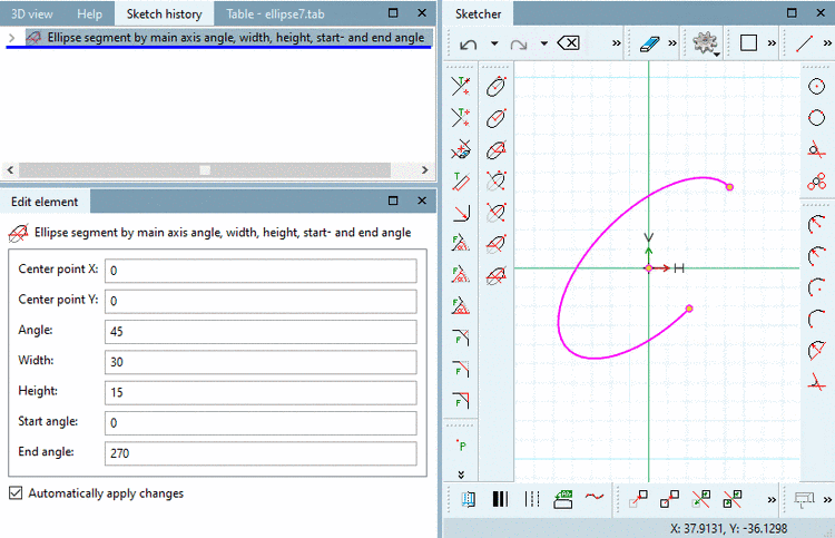 Ellipse segment: Definition of orientation via angle