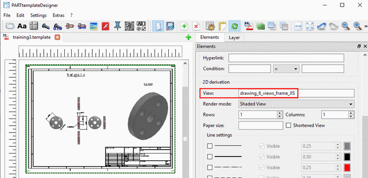 Example: "3 views + isometric drawing in frame (DIN)"