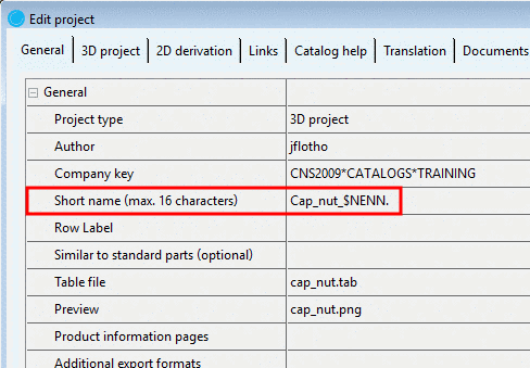 PARTproject -> Edit project -> tabbed page General -> Short name (max. 16 characters)