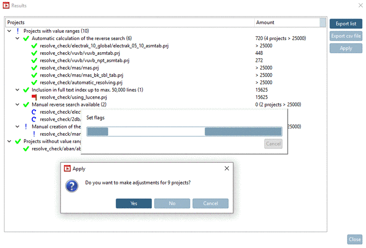 In this example "Apply" would affect 9 projects (6+1+2).